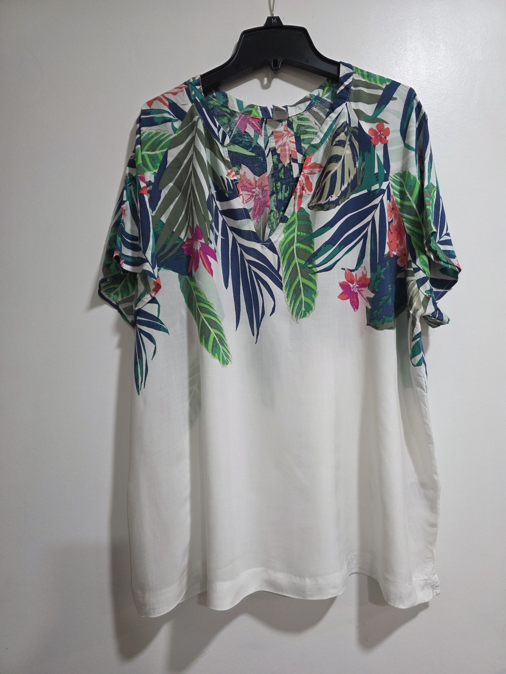 Old Navy White Tunic Top with Green, Blue and Pink Tropical Print